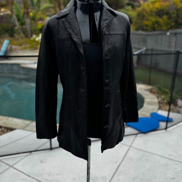 Real Leather NY Women’s Leather Blazer Black Lined Button Front 90s Y2K M/L - Picture 1 of 9